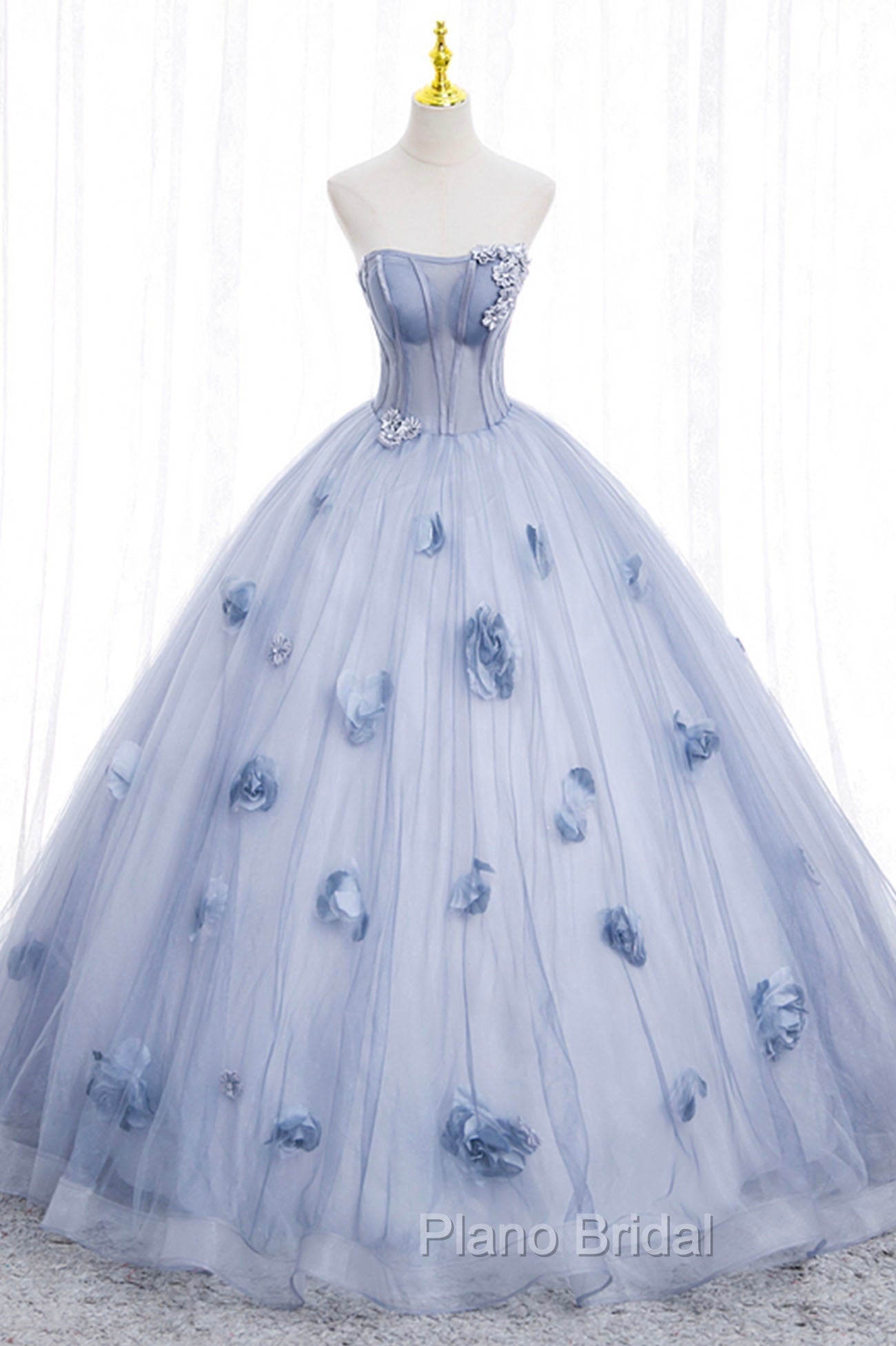 Blue Tulle Long Sleeves Formal Dresses with Flowers, Blue A-Line Formal Prom Dresses