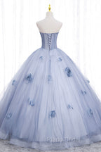 Blue Tulle Long Sleeves Formal Dresses with Flowers, Blue A-Line Formal Prom Dresses