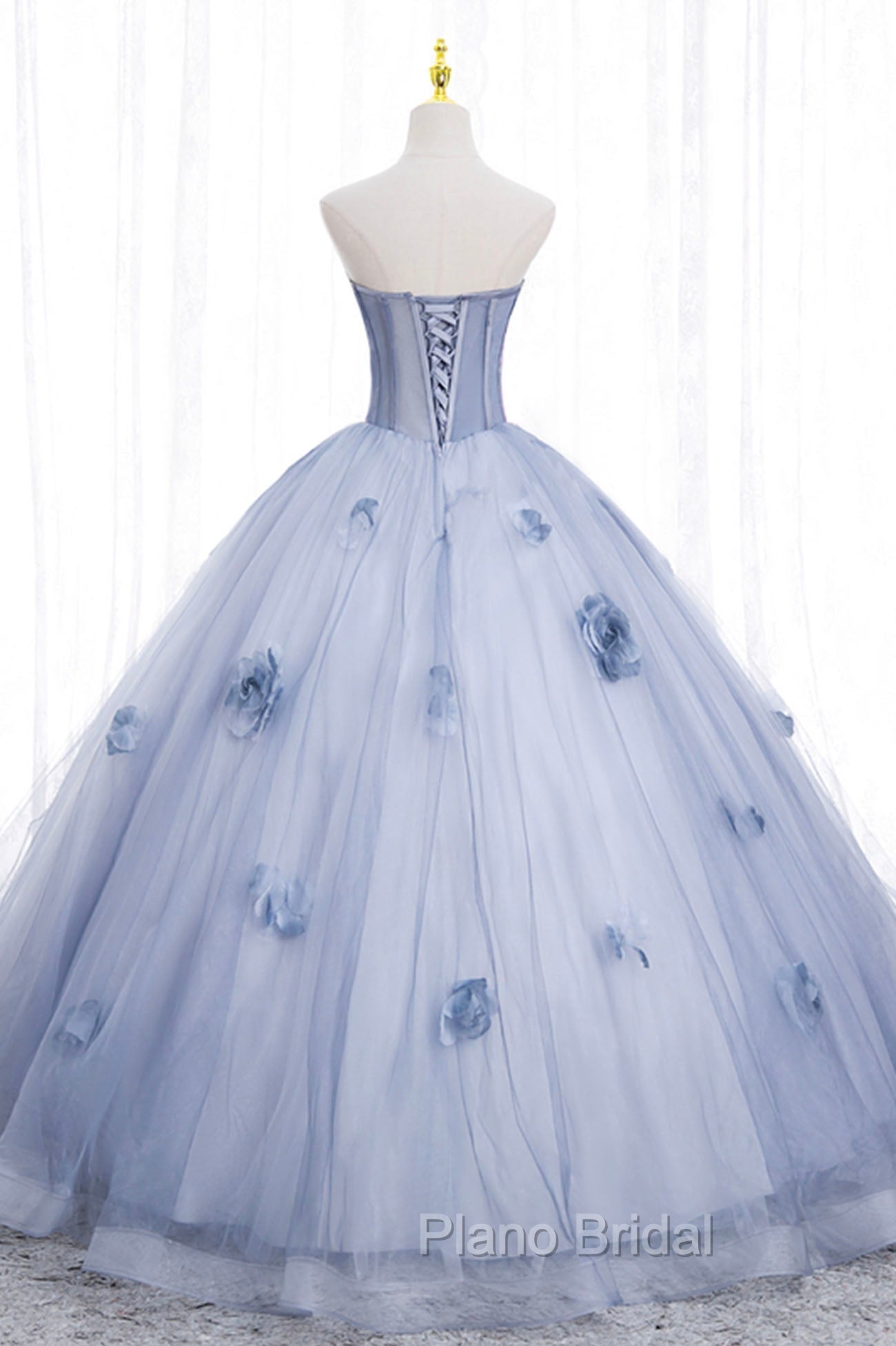 Blue Tulle Long Sleeves Formal Dresses with Flowers, Blue A-Line Formal Prom Dresses