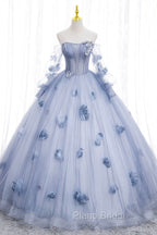 Blue Tulle Long Sleeves Formal Dresses with Flowers, Blue A-Line Formal Prom Dresses