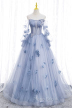 Blue Tulle Long Sleeves Formal Dresses with Flowers, Blue A-Line Formal Prom Dresses