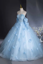 Blue Tulle Long Sleeves Formal Dresses with Flowers, Blue A-Line Formal Prom Party Dresses