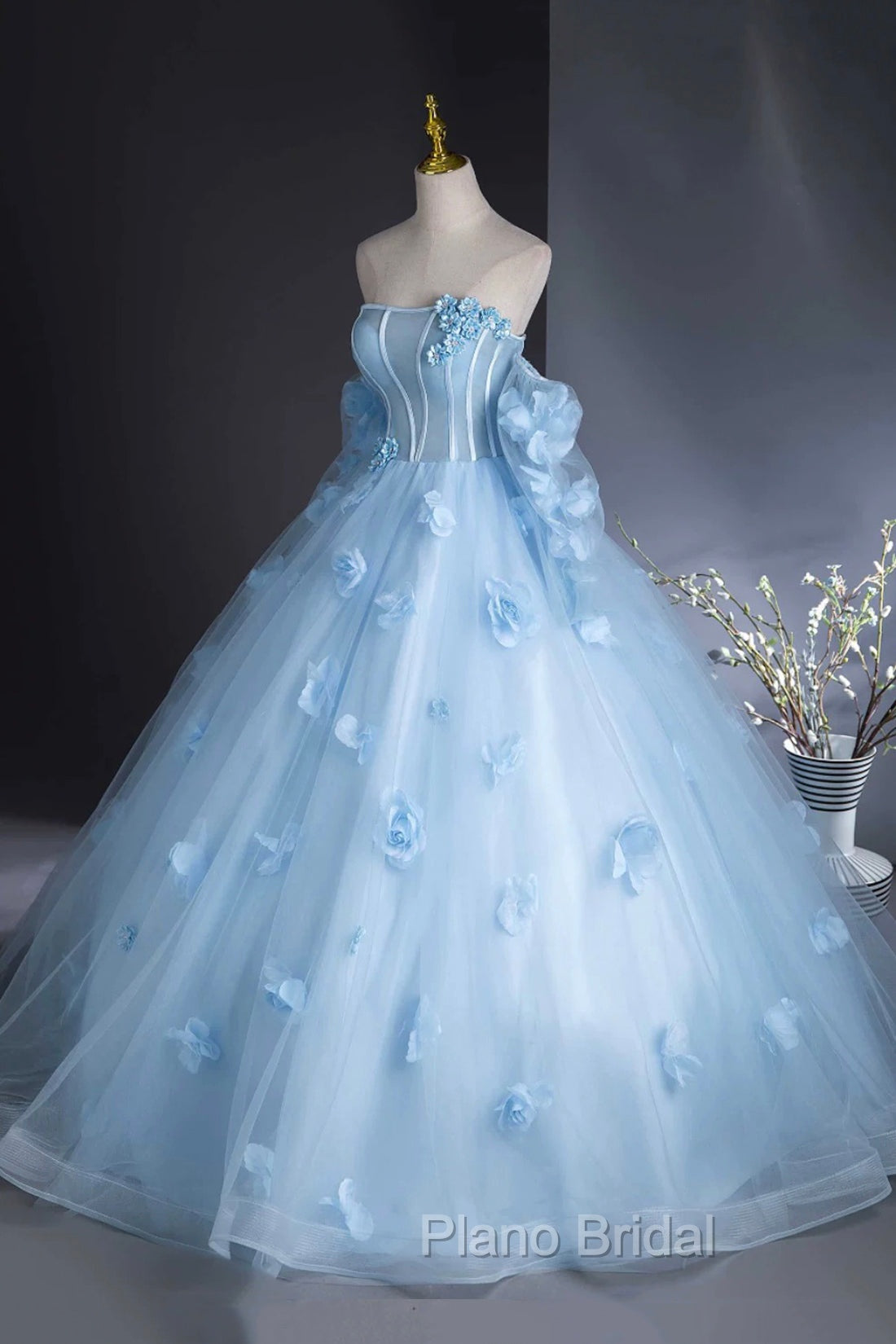 Blue Tulle Long Sleeves Formal Dresses with Flowers, Blue A-Line Formal Prom Party Dresses