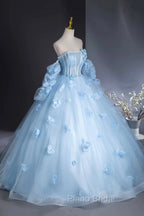 Blue Tulle Long Sleeves Formal Dresses with Flowers, Blue A-Line Formal Prom Party Dresses