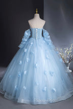 Blue Tulle Long Sleeves Formal Dresses with Flowers, Blue A-Line Formal Prom Party Dresses