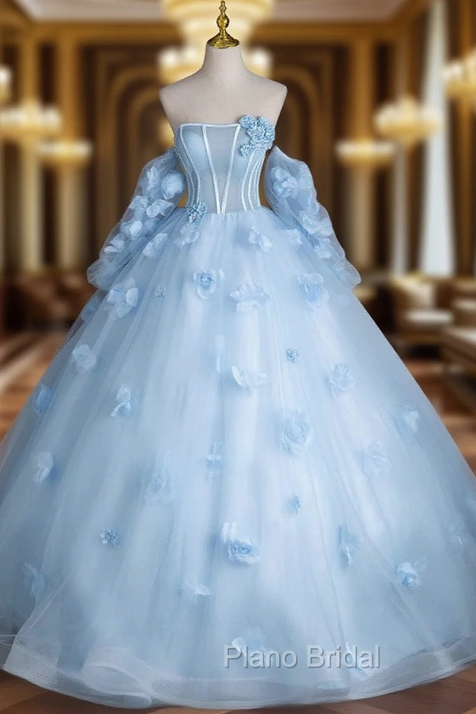 Blue Tulle Long Sleeves Formal Dresses with Flowers, Blue A-Line Formal Prom Party Dresses Main image