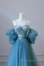Blue Tulle Long Spaghetti Strap Formal Prom Dresses and Corset, Detachable off Shoulder Party Dresses