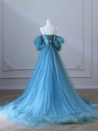 Blue Tulle Long Spaghetti Strap Formal Prom Dresses and Corset, Detachable off Shoulder Party Dresses