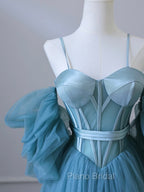 Blue Tulle Long Spaghetti Strap Formal Prom Dresses and Corset, Detachable off Shoulder Party Dresses