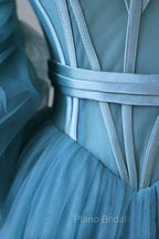 Blue Tulle Long Spaghetti Strap Formal Prom Dresses and Corset, Detachable off Shoulder Party Dresses