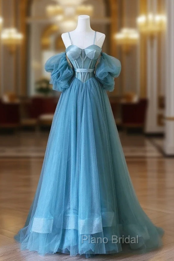 Blue Tulle Long Spaghetti Strap Formal Prom Dresses and Corset, Detachable off Shoulder Party Dresses Main image