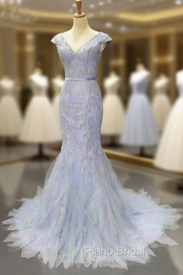 Blue Tulle Mermaid Deep V-neck Backless Formal Prom Dresses With Beading