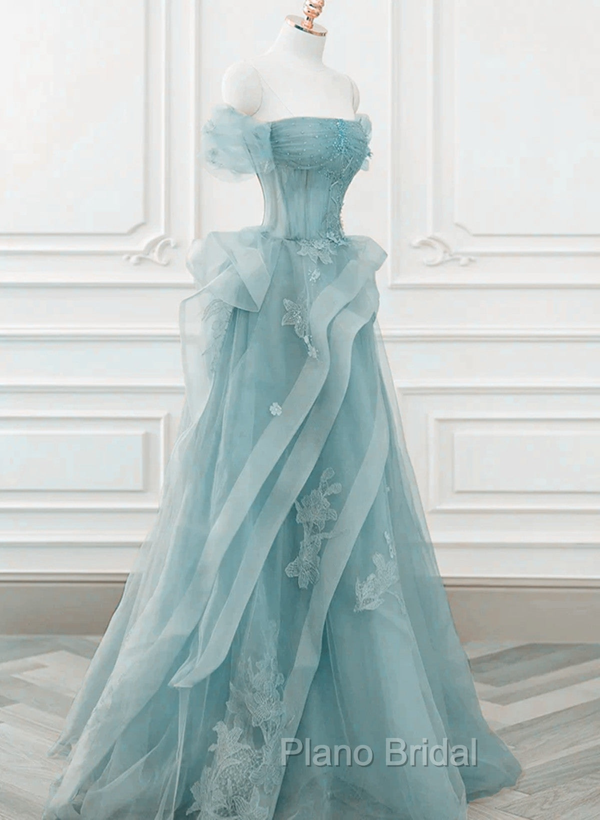 Blue Tulle Off Shoulder Beaded Lace Long Formal Prom Dresses, Blue Formal Dresses