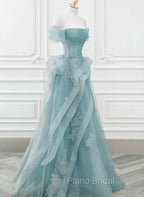 Blue Tulle Off Shoulder Beaded Lace Long Formal Prom Dresses, Blue Formal Dresses