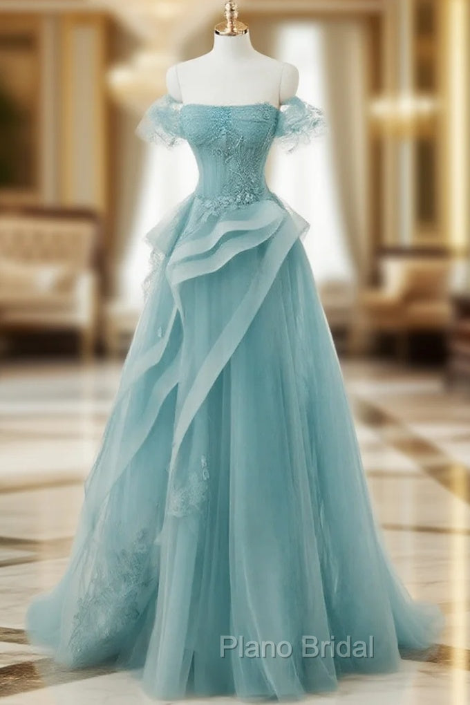Blue Tulle Off Shoulder Beaded Lace Long Formal Prom Dresses, Blue Formal Dresses Main image