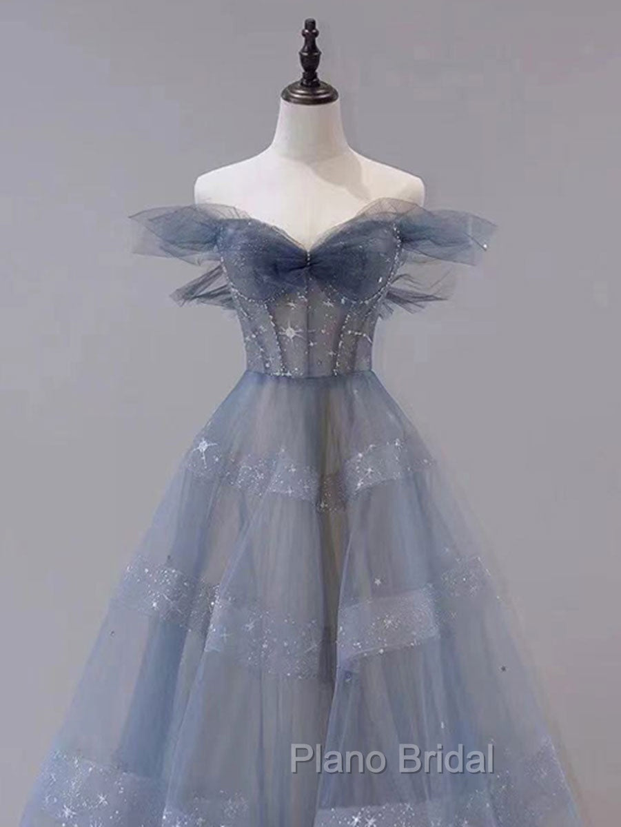 Blue Tulle Off Shoulder Long Formal Prom Dresses, Blue A line Evening Dresses