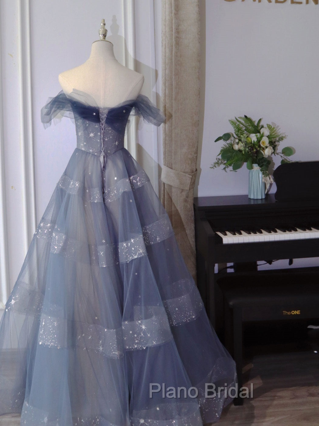 Blue Tulle Off Shoulder Long Formal Prom Dresses, Blue A line Evening Dresses