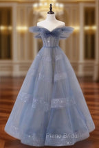 Blue Tulle Off Shoulder Long Formal Prom Dresses, Blue A line Evening Dresses