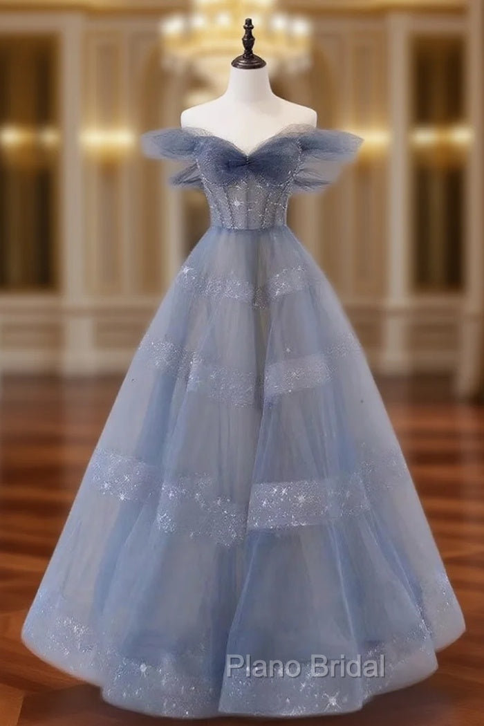 Blue Tulle Off Shoulder Long Formal Prom Dresses, Blue A line Evening Dresses Main image