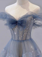 Blue Tulle Off Shoulder Long Formal Prom Dresses, Blue Tulle Formal Dresses