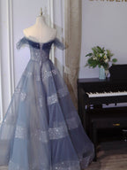 Blue Tulle Off Shoulder Long Formal Prom Dresses, Blue Tulle Formal Dresses