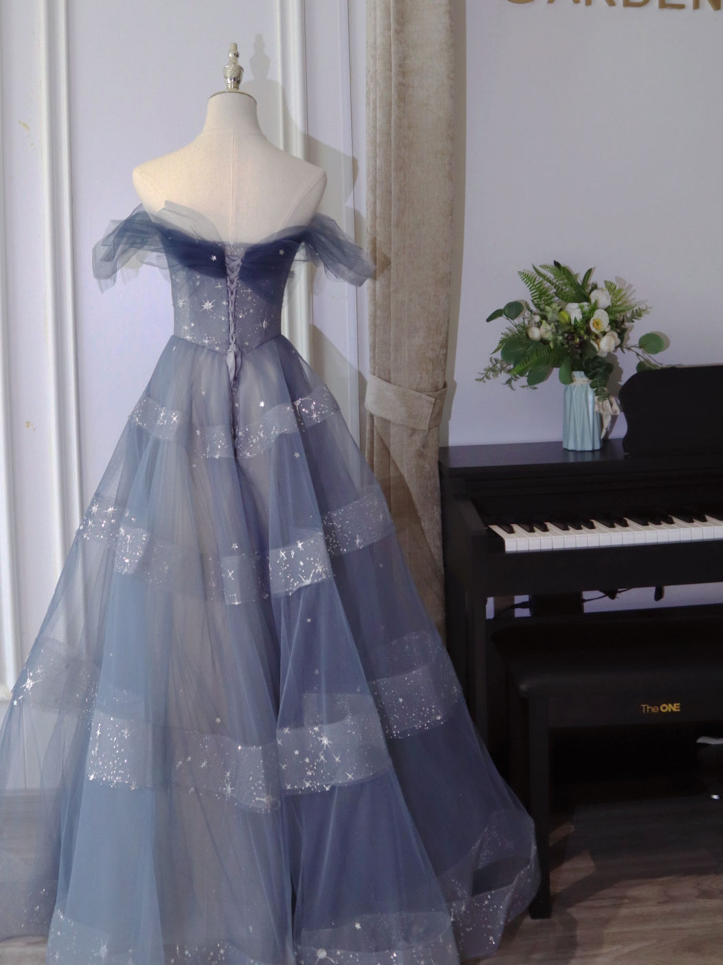 Blue Tulle Off Shoulder Long Formal Prom Dresses, Blue Tulle Formal Dresses
