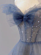 Blue Tulle Off Shoulder Long Formal Prom Dresses, Blue Tulle Formal Dresses