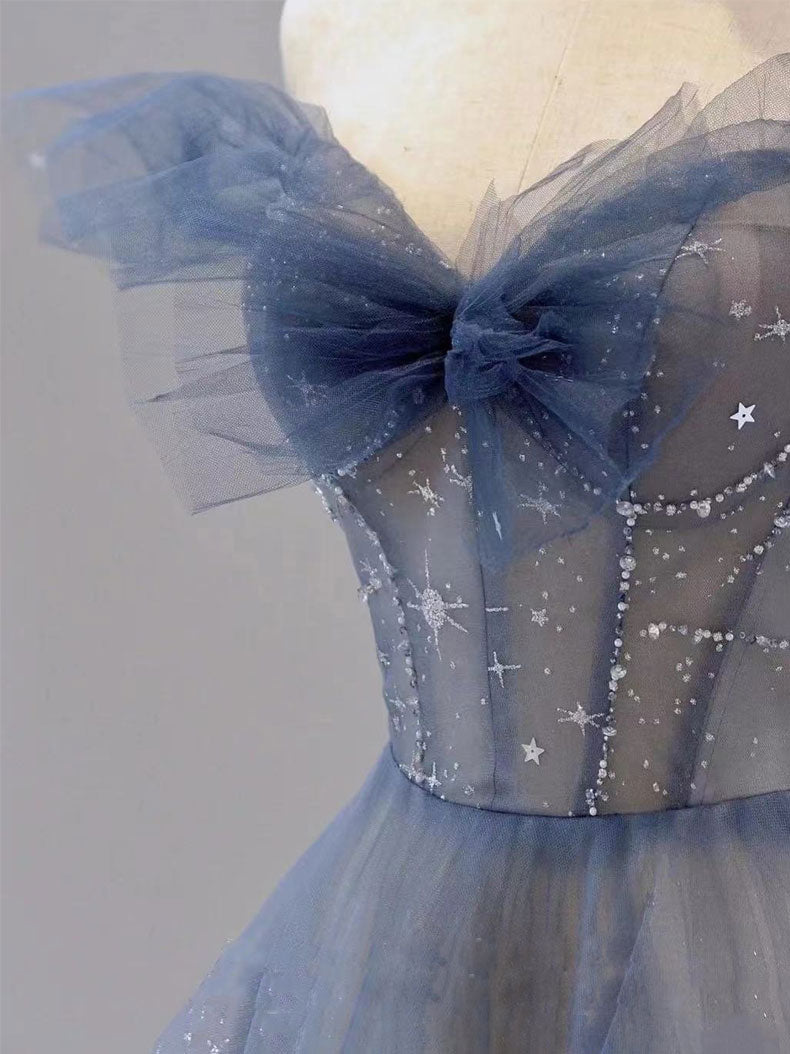 Blue Tulle Off Shoulder Long Formal Prom Dresses, Blue Tulle Formal Dresses