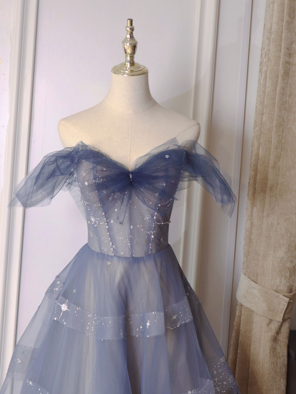Blue Tulle Off Shoulder Long Formal Prom Dresses, Blue Tulle Formal Dresses