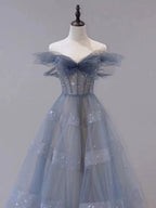 Blue Tulle Off Shoulder Long Formal Prom Dresses, Blue Tulle Formal Dresses