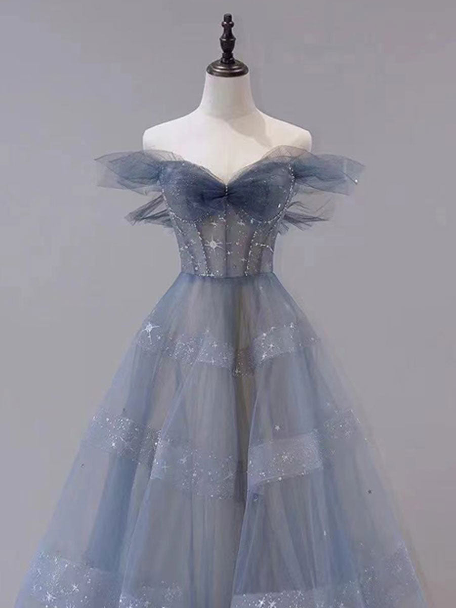Blue Tulle Off Shoulder Long Formal Prom Dresses, Blue Tulle Formal Dresses