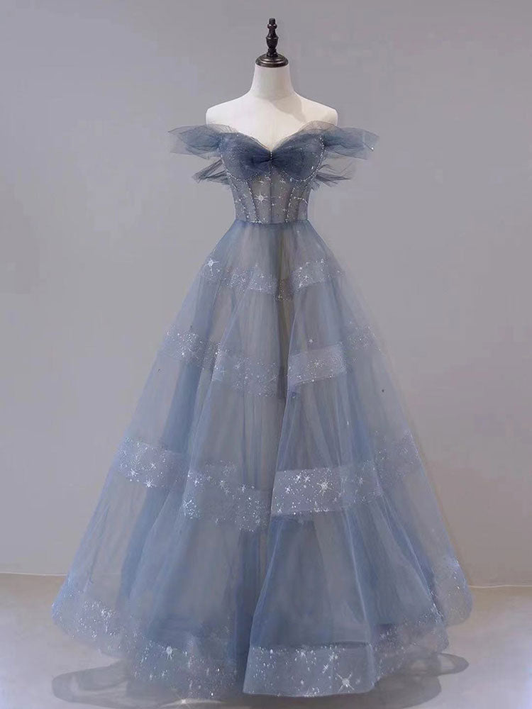 Blue Tulle Off Shoulder Long Formal Prom Dresses, Blue Tulle Formal Dresses Main image