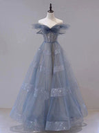 Blue Tulle Off Shoulder Long Formal Prom Dresses, Blue Tulle Formal Dresses