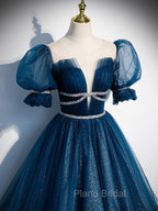 Blue Tulle Off Shoulder Long Formal Prom Dresses, Blue Tulle Formal Dresses