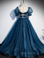 Blue Tulle Off Shoulder Long Formal Prom Dresses, Blue Tulle Formal Dresses