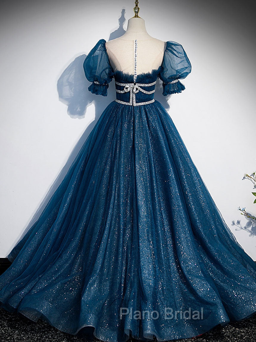 Blue Tulle Off Shoulder Long Formal Prom Dresses, Blue Tulle Formal Dresses