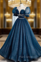 Blue Tulle Off Shoulder Long Formal Prom Dresses, Blue Tulle Formal Dresses