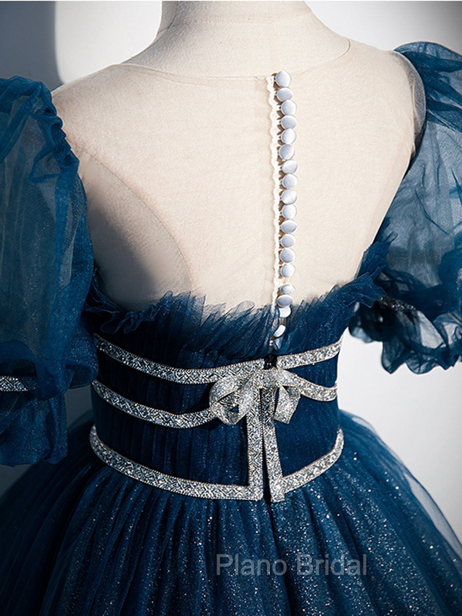 Blue Tulle Off Shoulder Long Formal Prom Dresses, Blue Tulle Formal Dresses