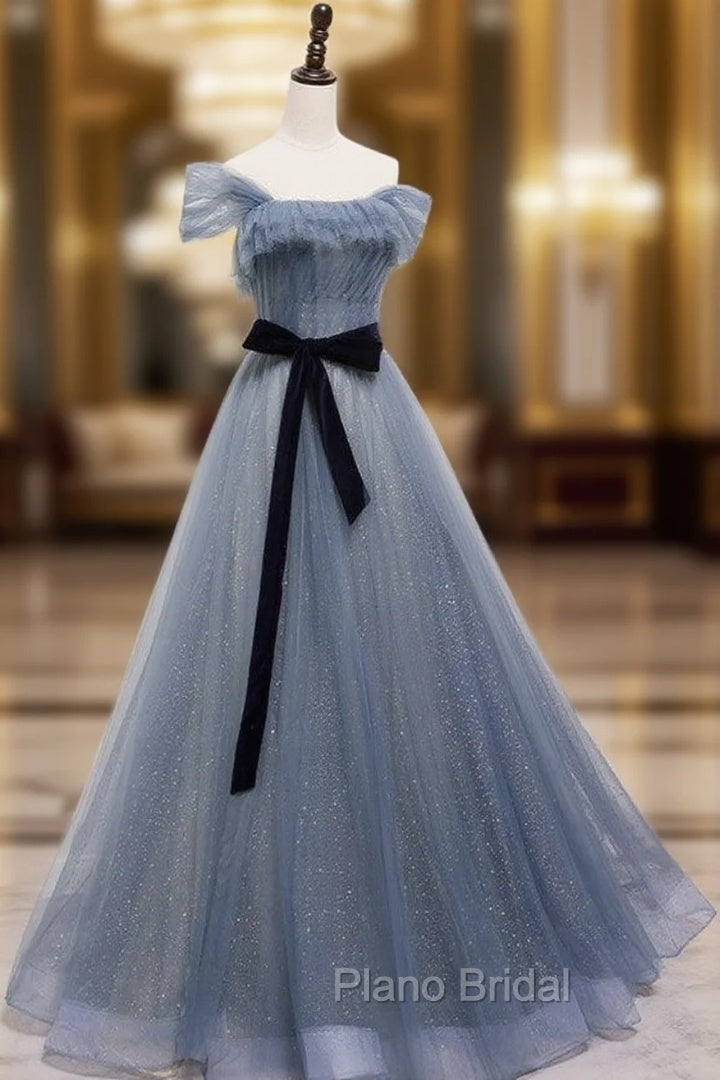 Blue Tulle Off Shoulder Sequin Long Formal Prom Dresses Blue Evening Dresses Secondary image