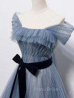 Blue Tulle Off Shoulder Sequin Long Formal Prom Dresses Blue Evening Dresses