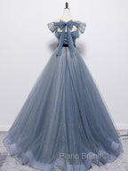 Blue Tulle Off Shoulder Sequin Long Formal Prom Dresses Blue Evening Dresses