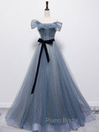 Blue Tulle Off Shoulder Sequin Long Formal Prom Dresses Blue Evening Dresses