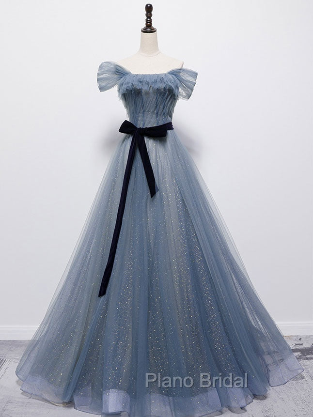 Blue Tulle Off Shoulder Sequin Long Formal Prom Dresses Blue Evening Dresses
