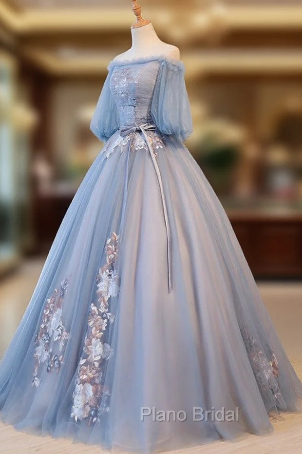 Blue Tulle Off Shoulder with Lace Floral Long Party Dresses, Cute Party Dresses Formal Prom Dresses