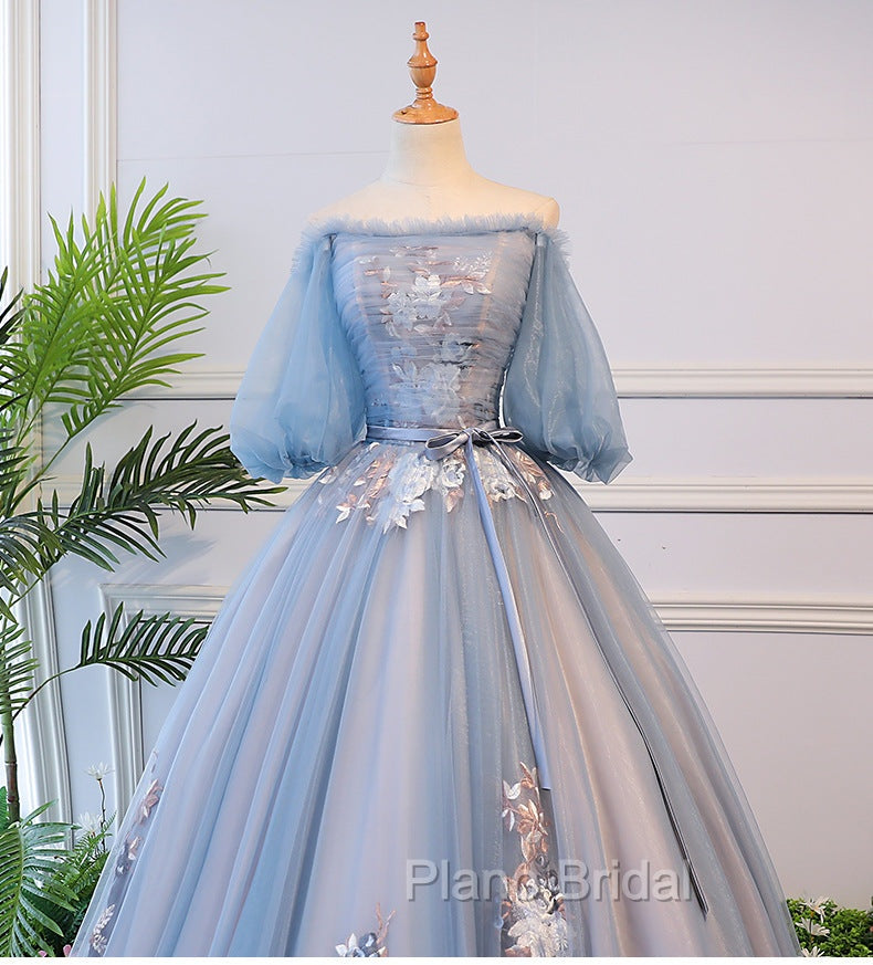 Blue Tulle Off Shoulder with Lace Floral Long Party Dresses, Cute Party Dresses Formal Prom Dresses