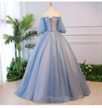 Blue Tulle Off Shoulder with Lace Floral Long Party Dresses, Cute Party Dresses Formal Prom Dresses