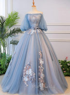 Blue Tulle Off Shoulder with Lace Floral Long Party Dresses, Cute Party Dresses Formal Prom Dresses