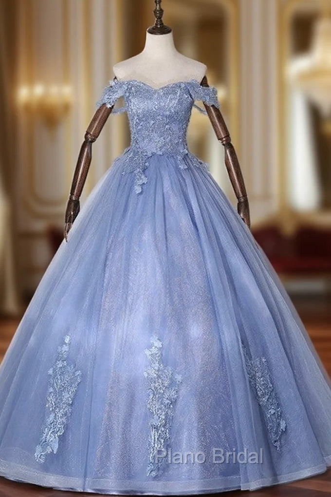 Blue Tulle Off the Shoulder Appliques Beading Quinceanera Dresses