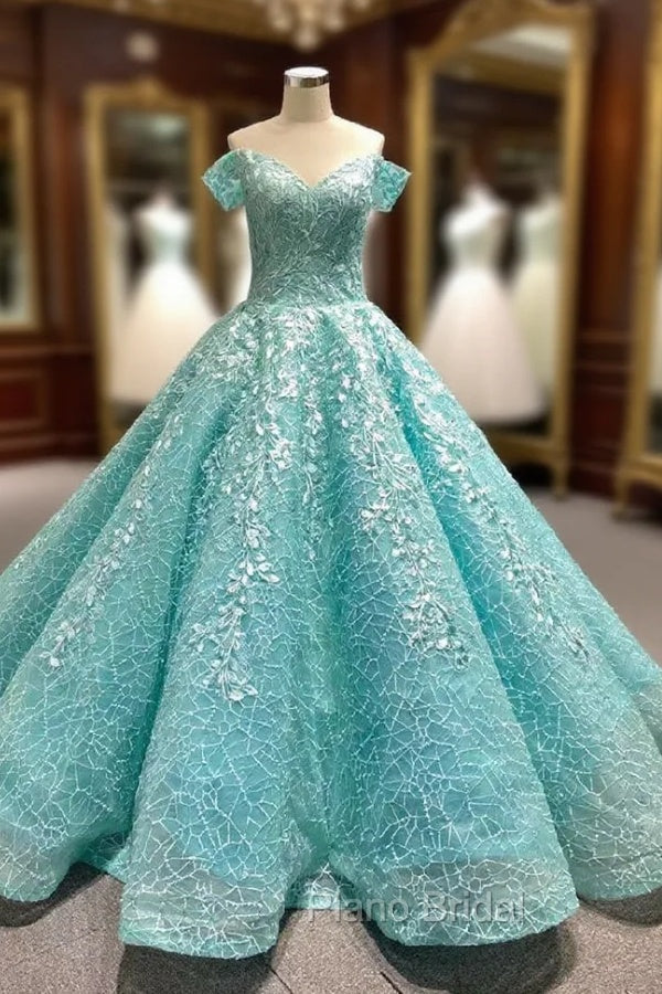 Blue Tulle Off the Shoulder Appliques Formal Prom Dresses