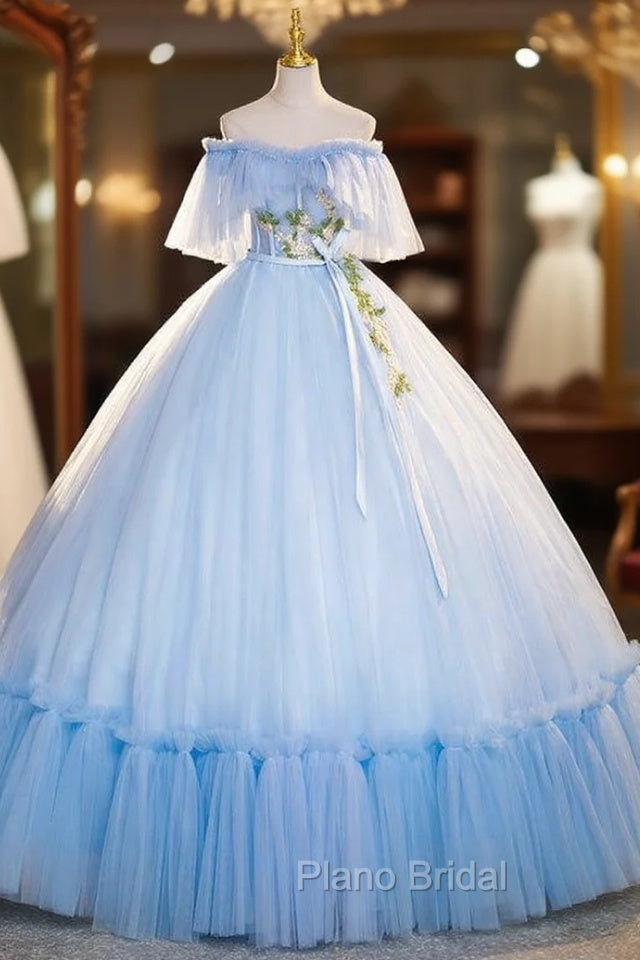 Blue Tulle Off the Shoulder Appliques Quinceanera Dresses